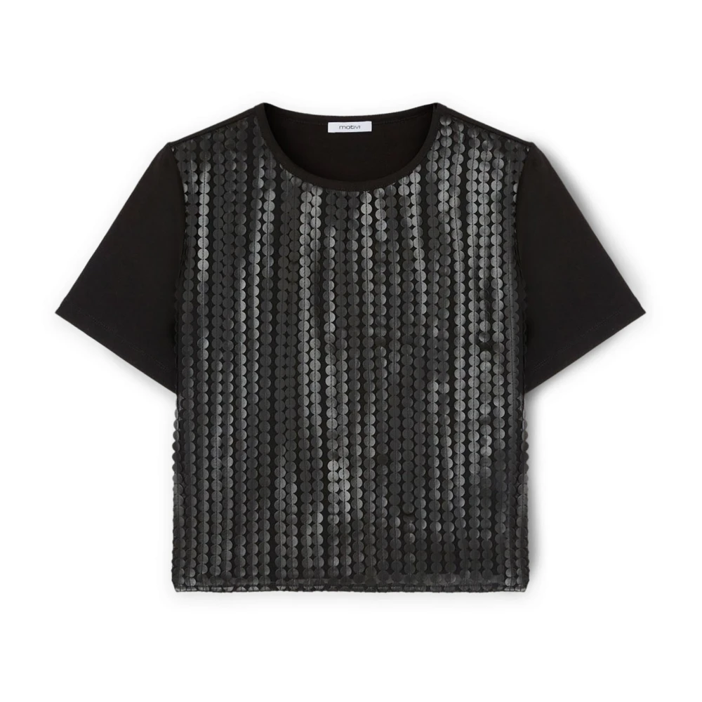 Motivi T-shirt met pailletten gemaakt van gecoate stof Black Dames