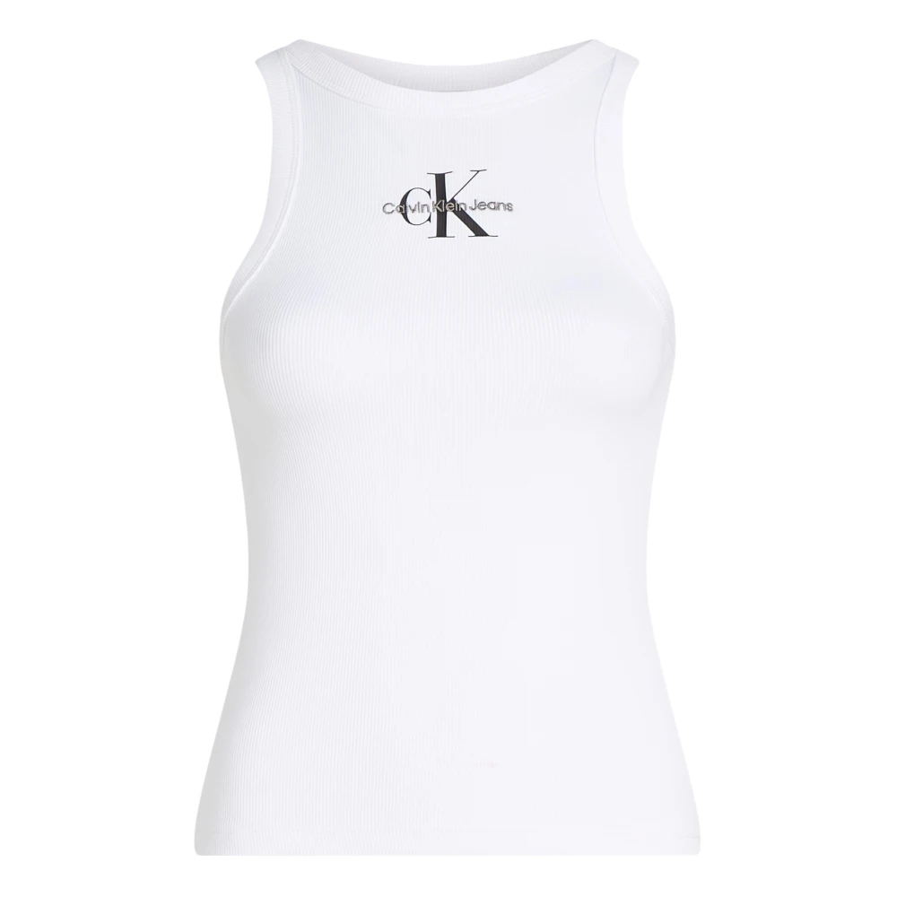 Calvin Klein Jeans Women's White Printed Tank-Top Sleeveless Boat Neck Large