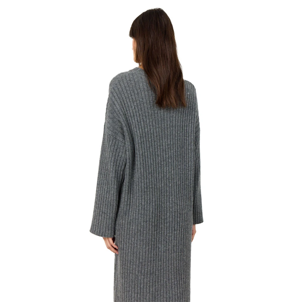 Levete Room Grijze Geribbelde Midi Jurk met Lange Mouwen Gray Dames
