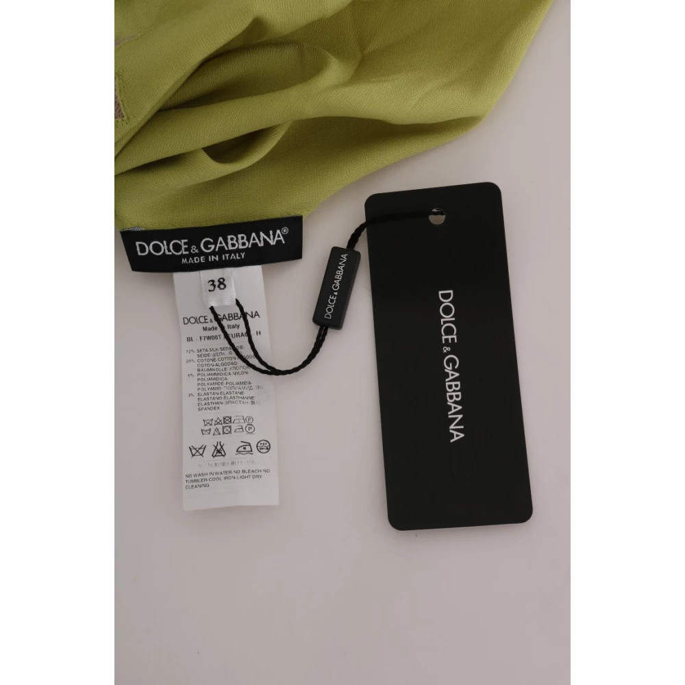 Dolce & Gabbana Groene Zijden Stretch Blouse met Beige Bloemenkant Green Dames