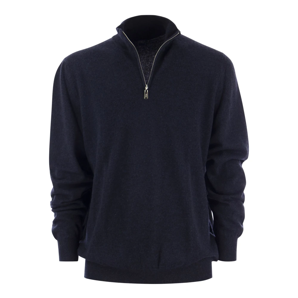 Fedeli Cashmere Zip Turtleneck Sweater met hoge kraag Blue Heren