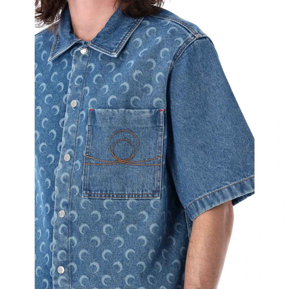 Marine Serre Denim Bowling Shirt met Maanprint Blue Heren