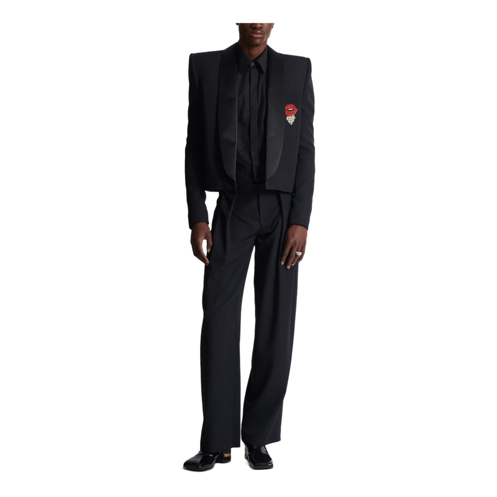 Balmain Geknipte graan de poudre jas met geborduurd embleem Black Heren