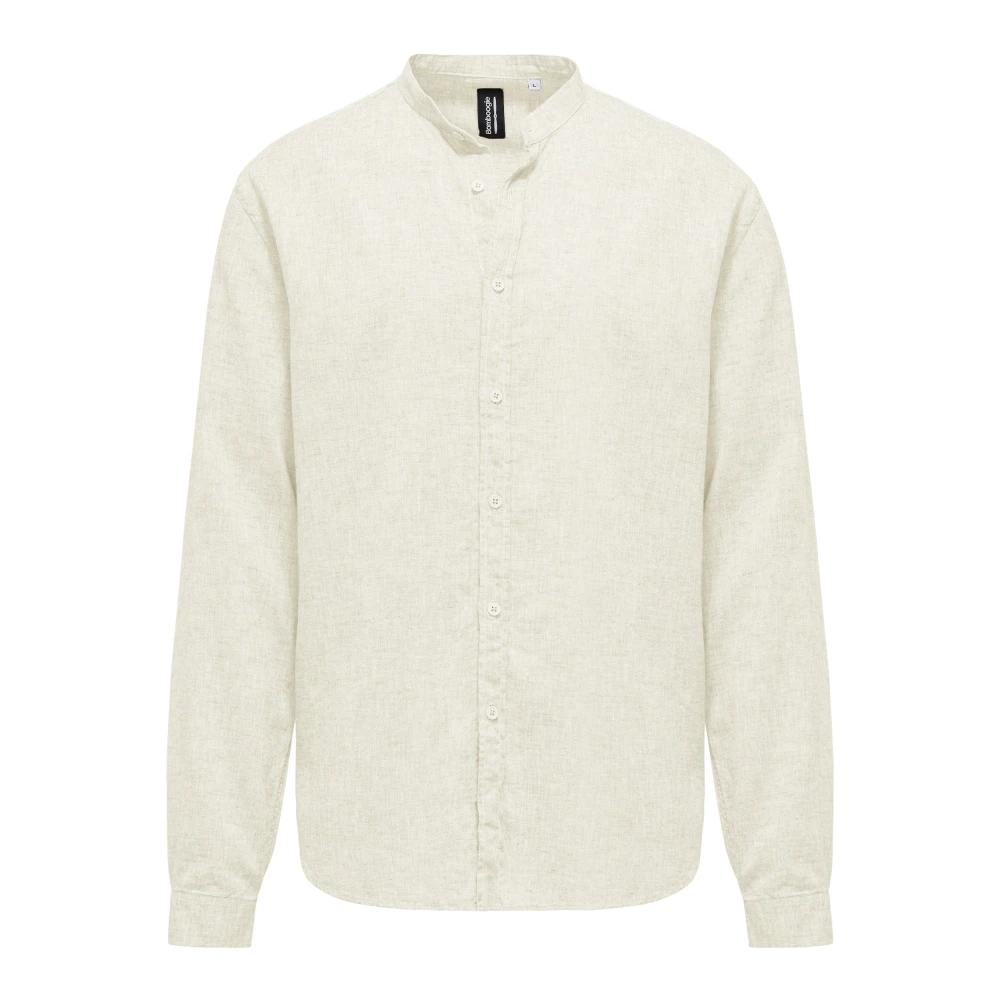 BomBoogie Mandarijn Kraag Linnen Katoen Shirt Beige Heren
