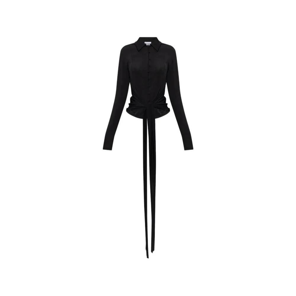 Ganni Women's Black Shiny Jersey Long Sleeve Tie Blouse - Blouses - S - Blouses & Shirts