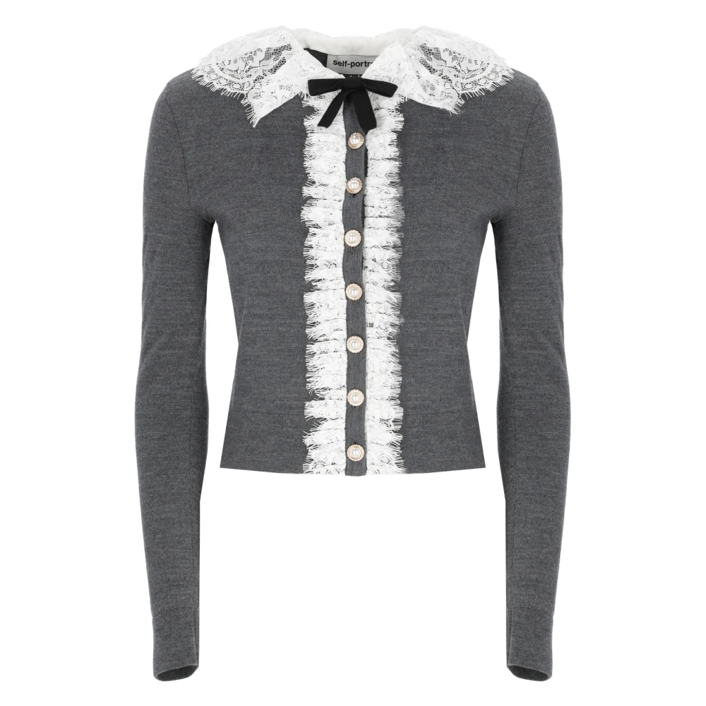 Self Portrait , Cardigans, Female, Gray, L, Lace Collar Knit Cardigan