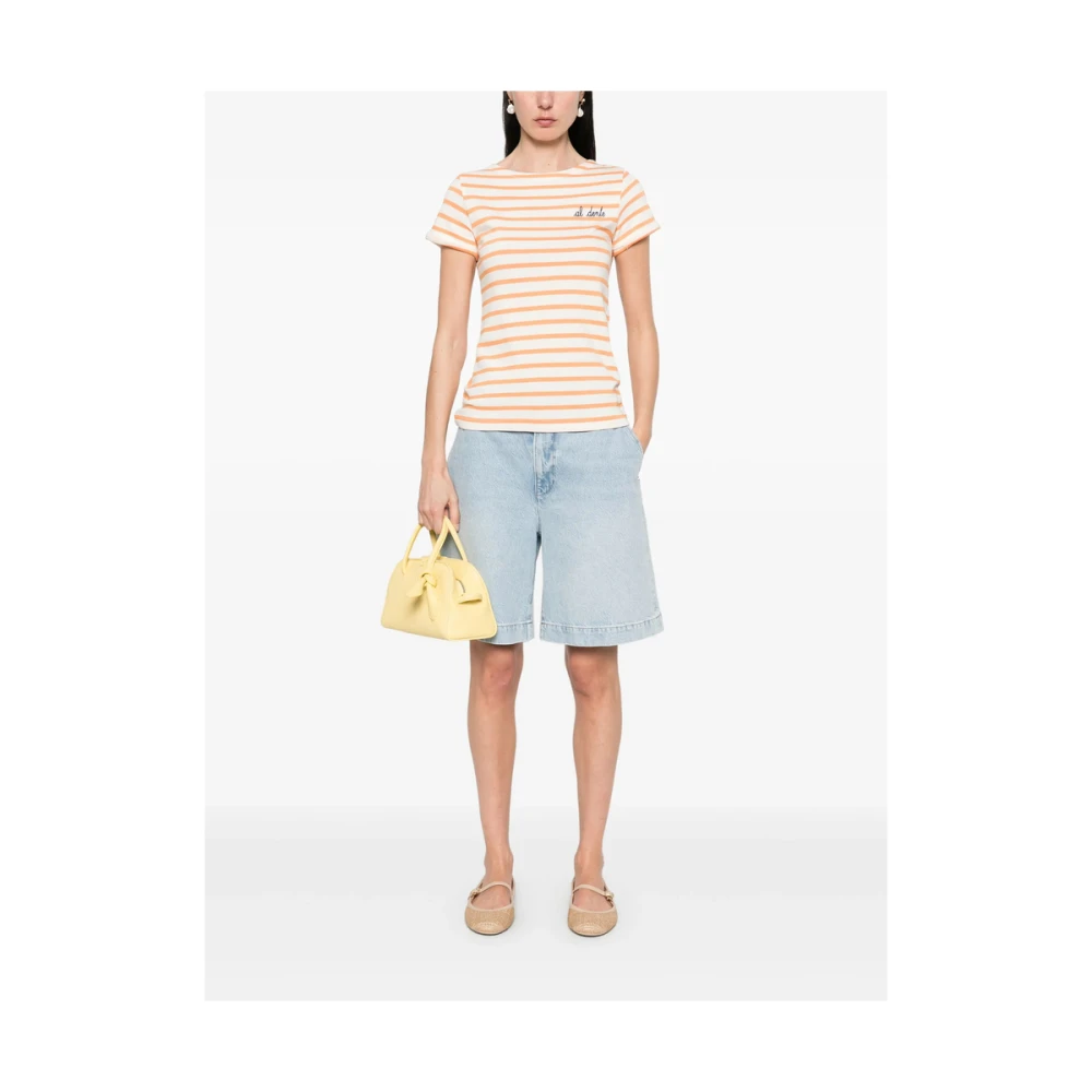 Maison Labiche Ecru Crew Neck T-shirt met Omgeslagen Manchetten Orange Dames