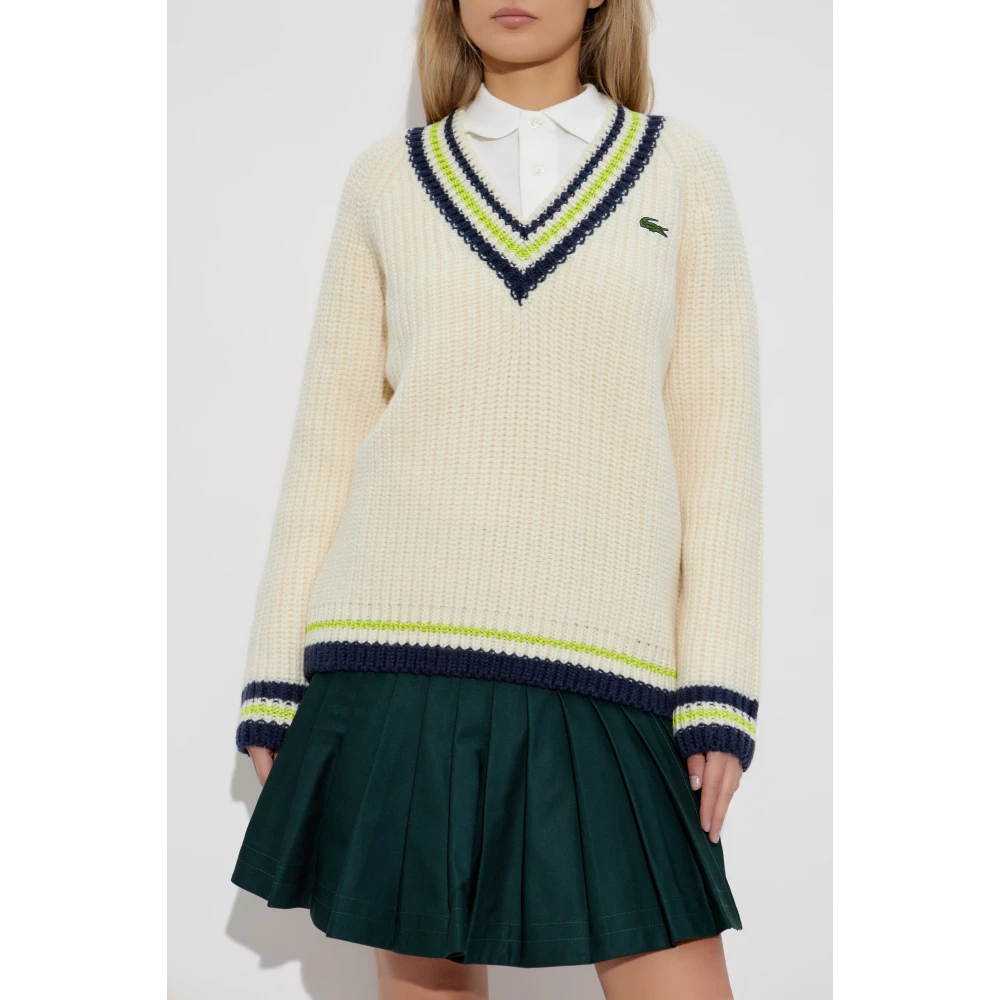 Lacoste Wollen trui met V-hals Beige Dames