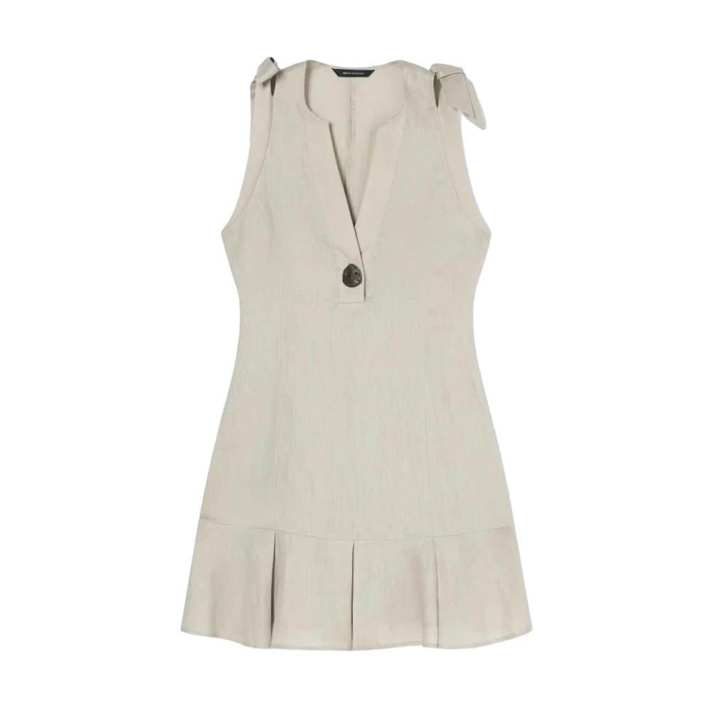 Armani Exchange Beige Short Dresses, Female, Xs, Short Linen Poplin Dress With Button And Bows