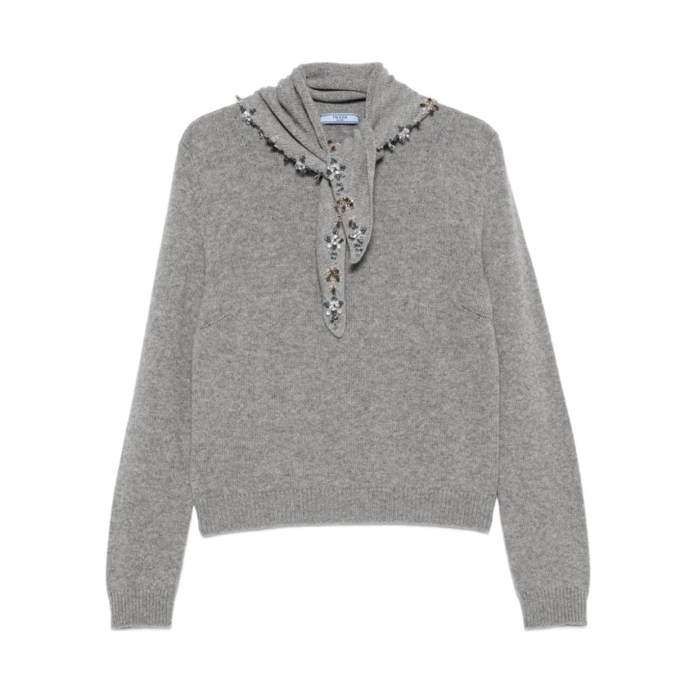 Prada , Cashmere Knitwear, Female, Gray, S, Cashmere Crew-Neck Jumper
