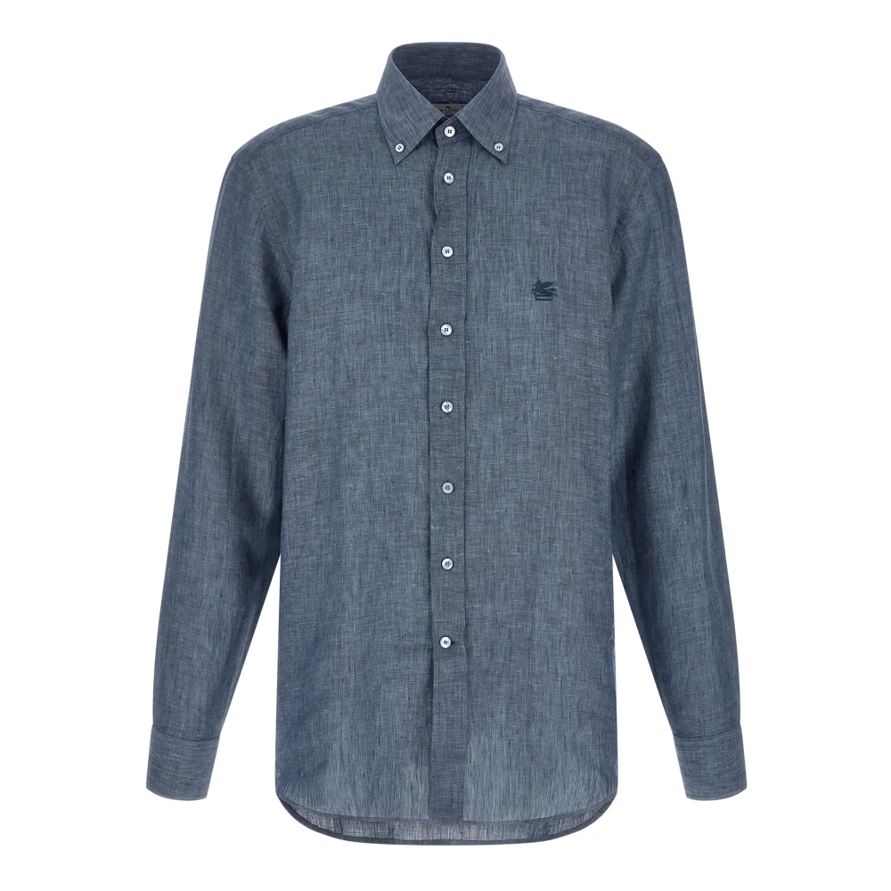 Etro Men's Blue Casual Shirts, M, Mélange Linen Shirt