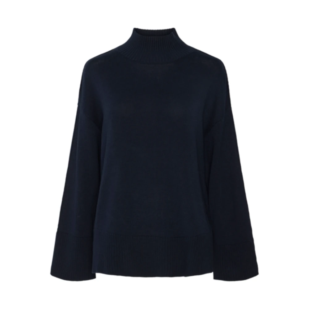 Blå Strikket Pullover Genser med Turtle Neck