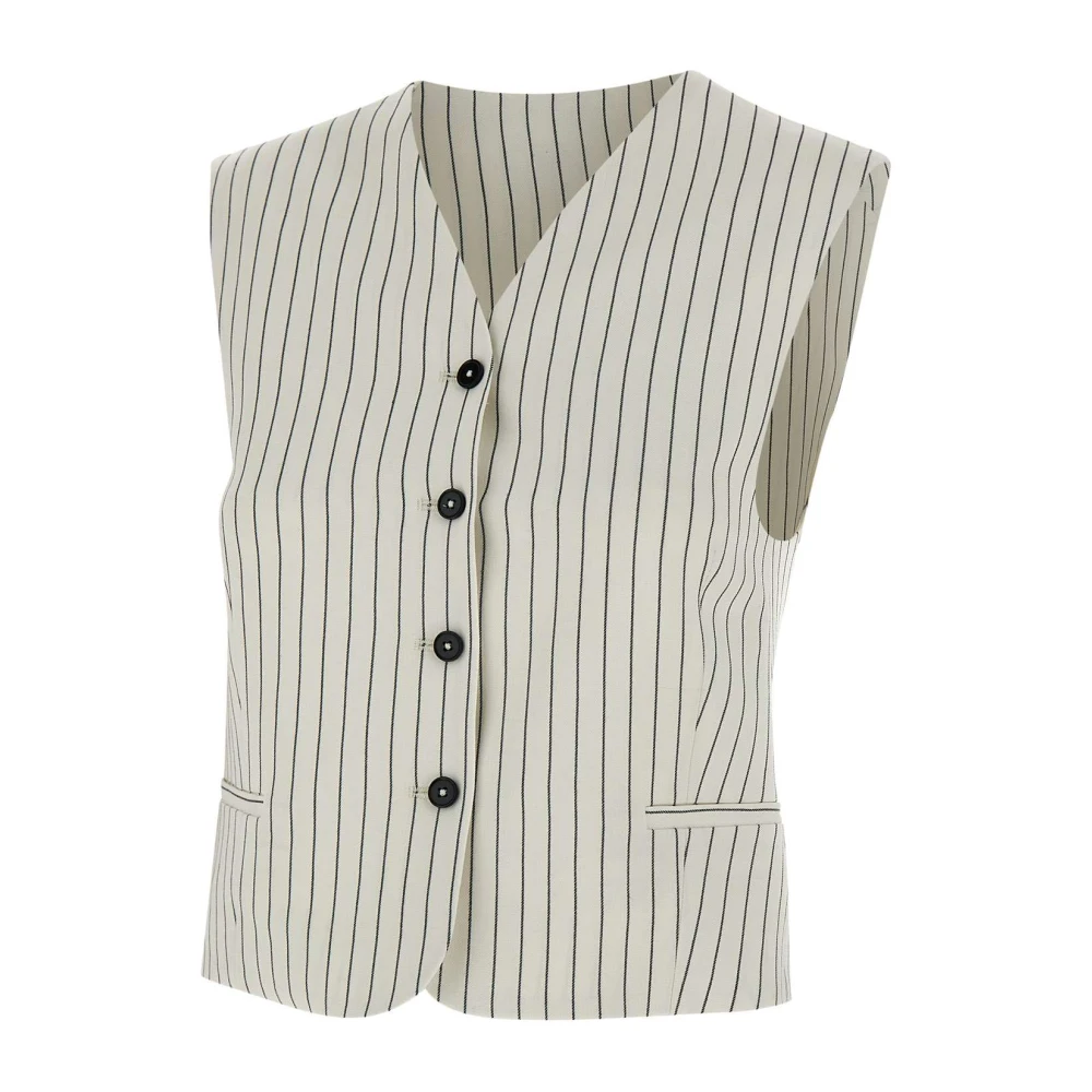 Loulou Studio Gestreepte linnen vest met V-hals White Dames