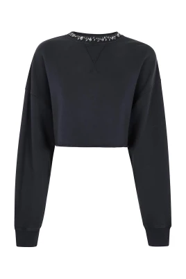 Croppad sweatshirt med rund hals och rå kant