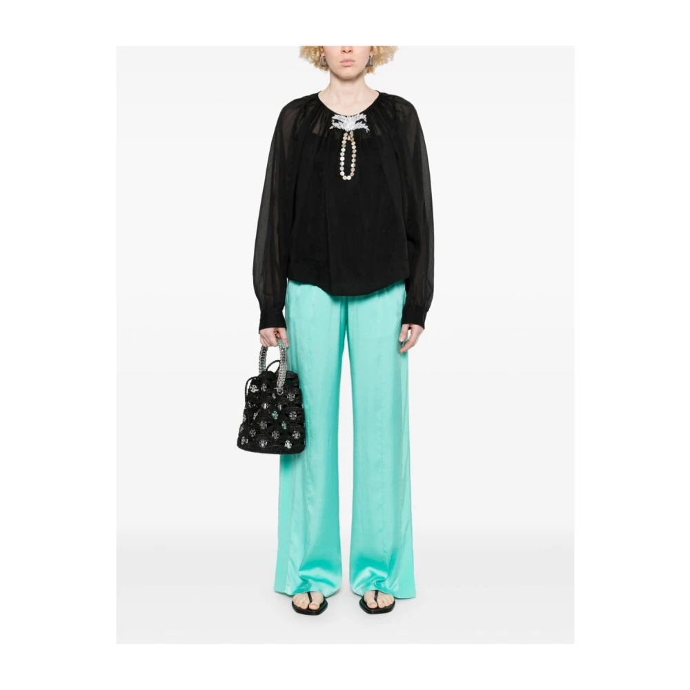 Forte Zwarte Blouse met Knoopmanchet en Keyhole Hals Black Dames