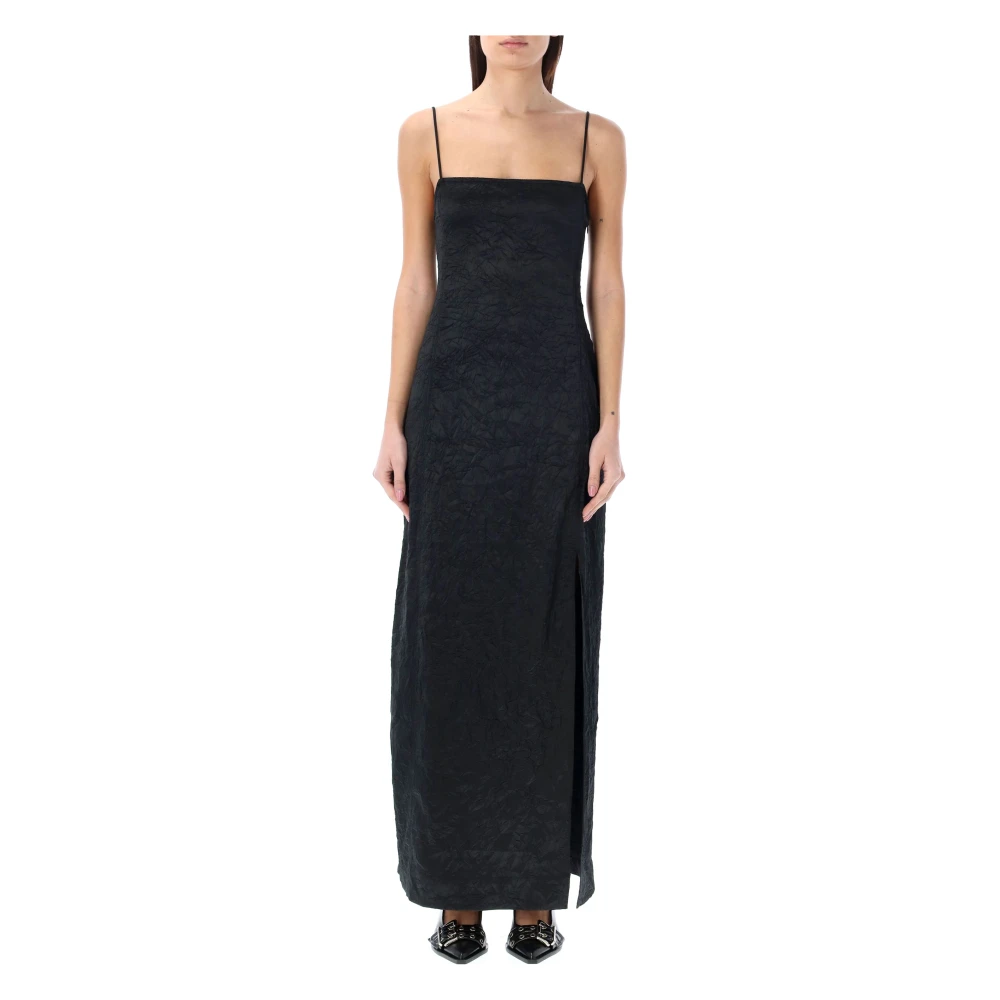 Ganni Zwarte Satijnen Slip Lange Jurk Black Dames
