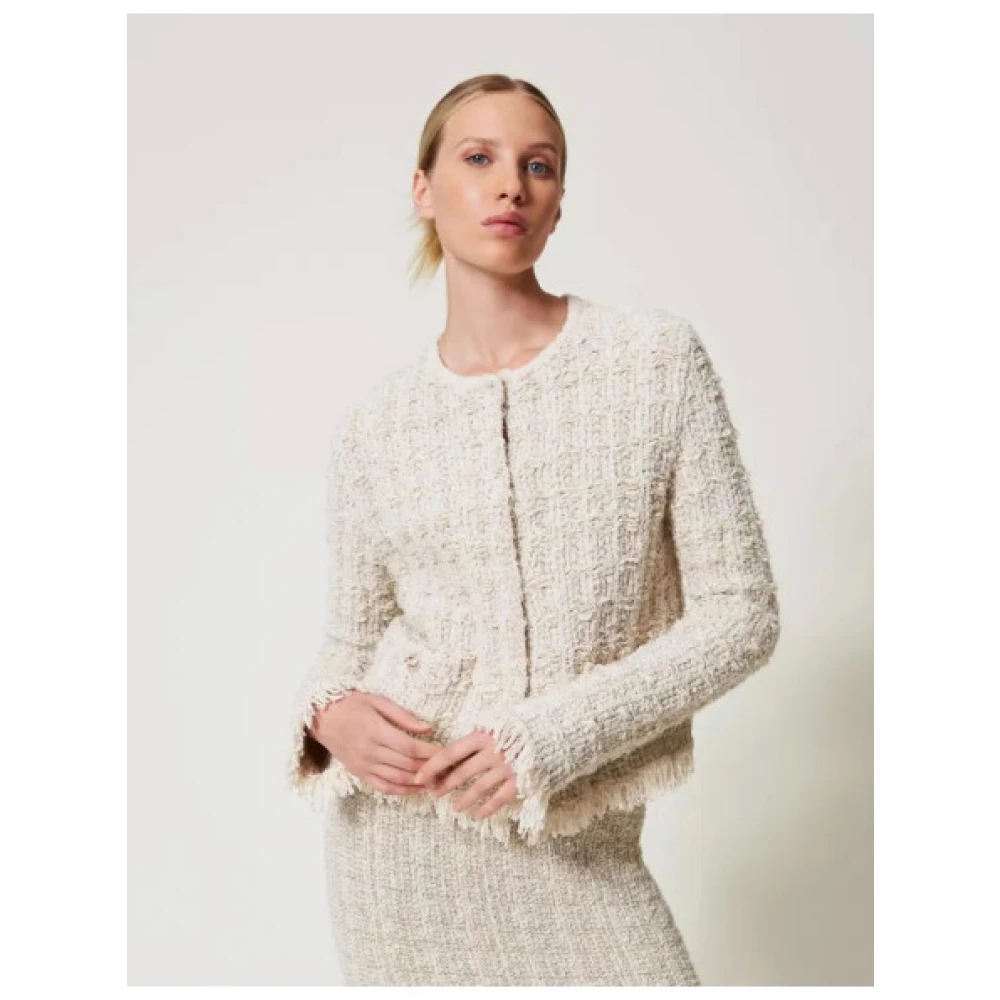 Twinset Metallic Gebreid Jasje met Juweelknopen Beige Dames