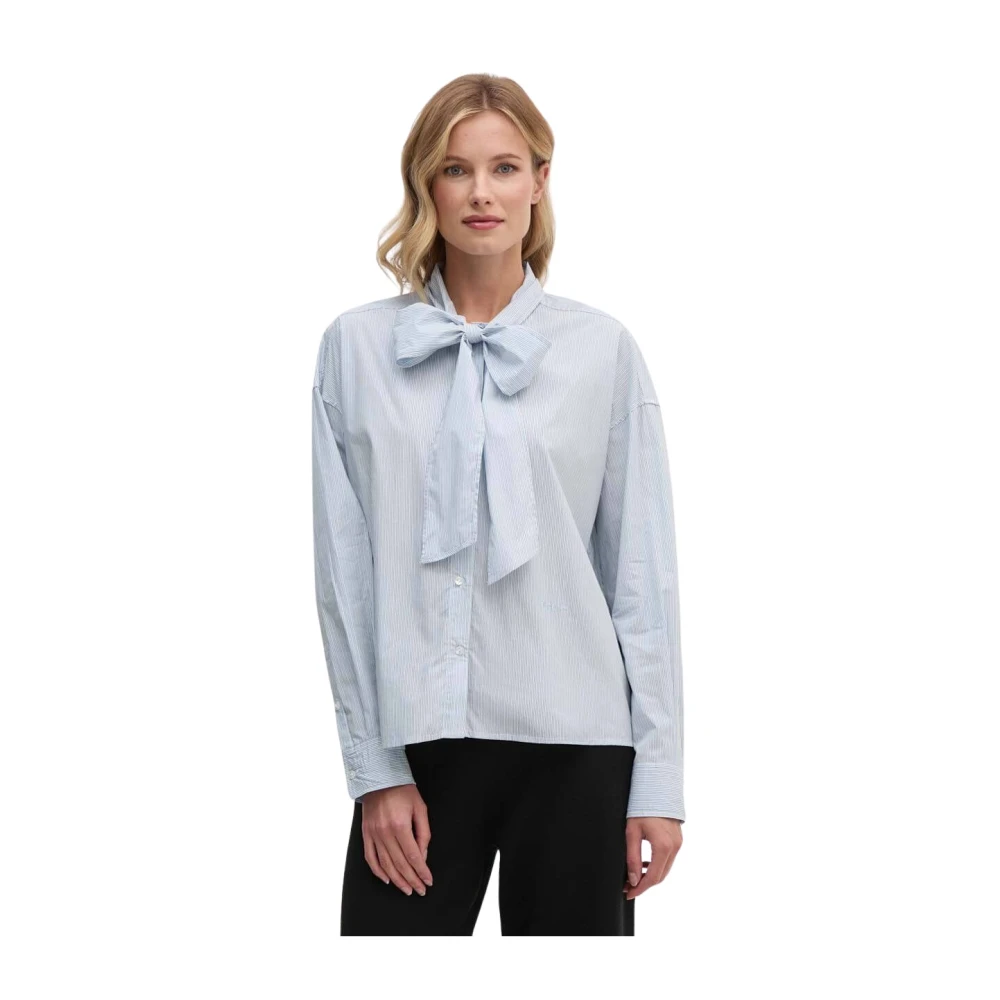 Pepe Jeans Gestreepte Hemelsblauwe Blouse met Strik Blue Dames