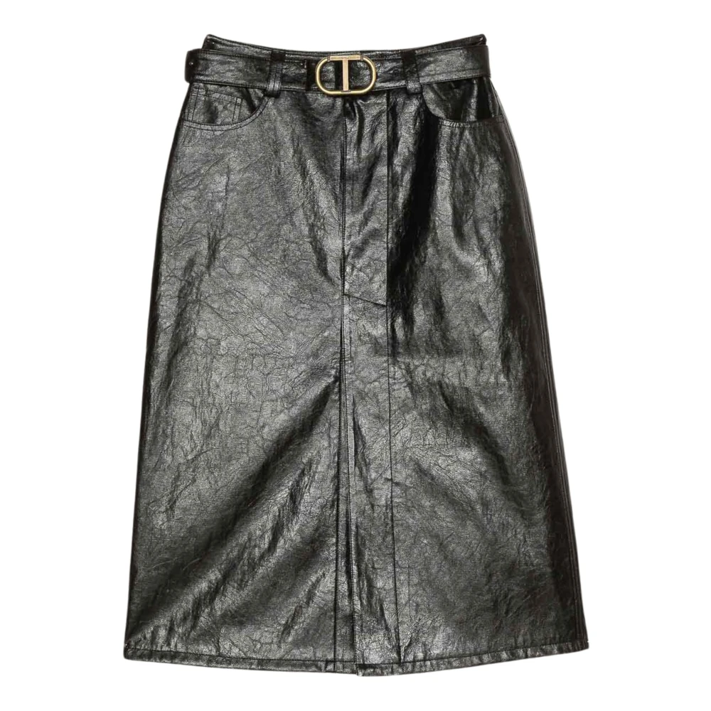 Twinset Zwarte leren rok met goudkleurig logo Black Dames