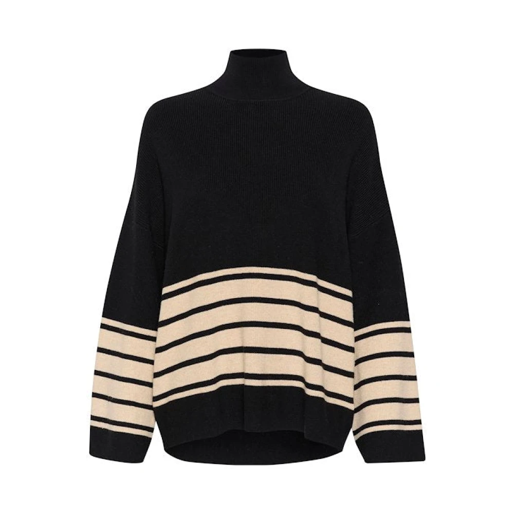 Stripet Ribbestrikket Pullover Svart Melange