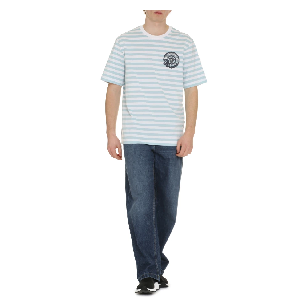 Versace Gestreept katoenen T-shirt met geribbelde halslijn Blue Heren
