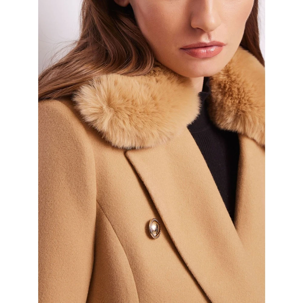 Gaudi Bruine wollen jas met imitatiebont kraag Beige Dames