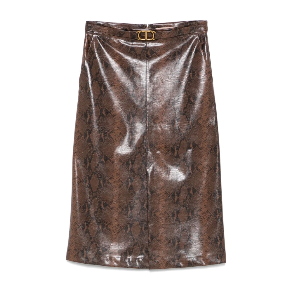 Twinset Bruine imitatieleren rok met gouden logoplaquette Brown Dames