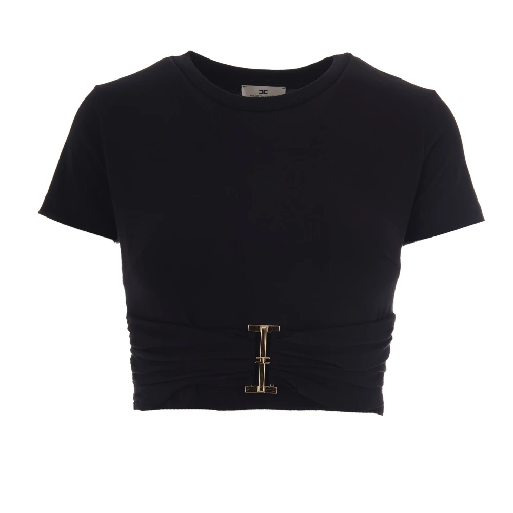 Elisabetta Franchi Donna Nero - T-Shirt In Jersey Con Dettaglio Gioiello - Tops - L - Immagine 3