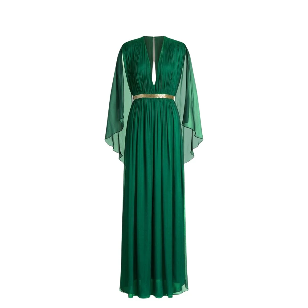 Alberta Ferretti Green Gowns, Female, Xl, Long Silk Gown With Shoulder-Revealing Cape