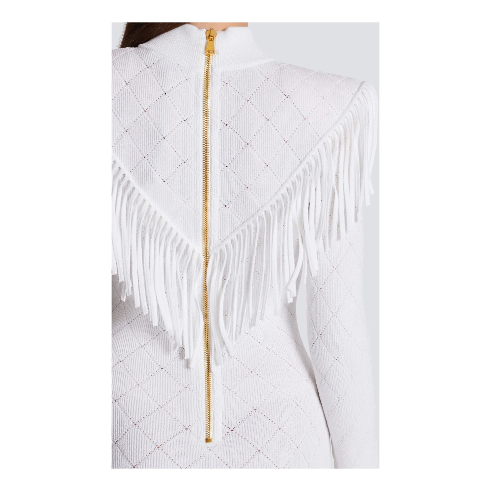 Balmain Kort gefranjerd fijngebreid jurkje White Dames