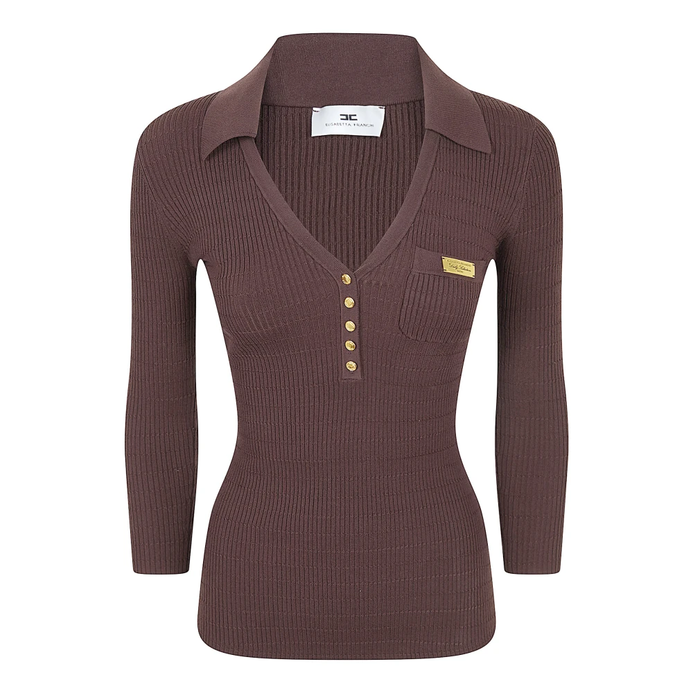 Elisabetta Franchi Women's Brown V-Neck Knitwear, S, Micro-Braided Knit Polo Shirt