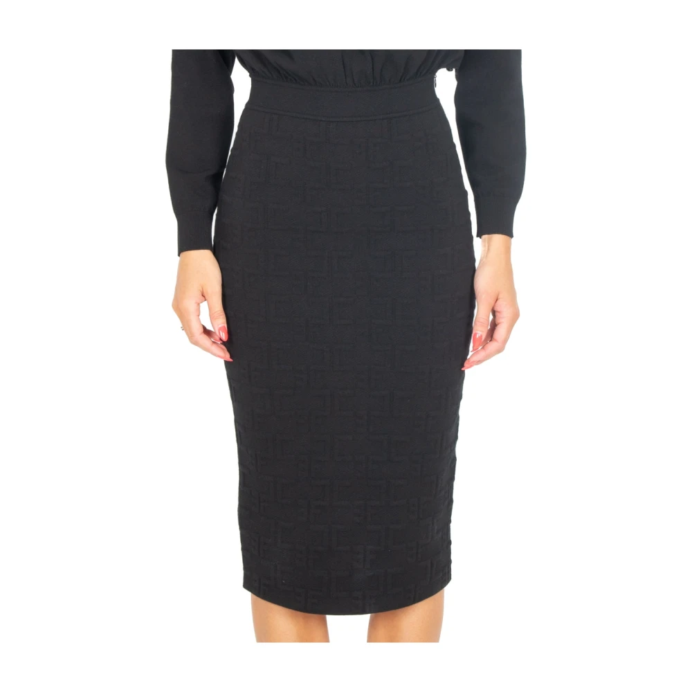 Elisabetta Franchi Zwarte Gebreide Longuette Jurk met Jacquard Black Dames
