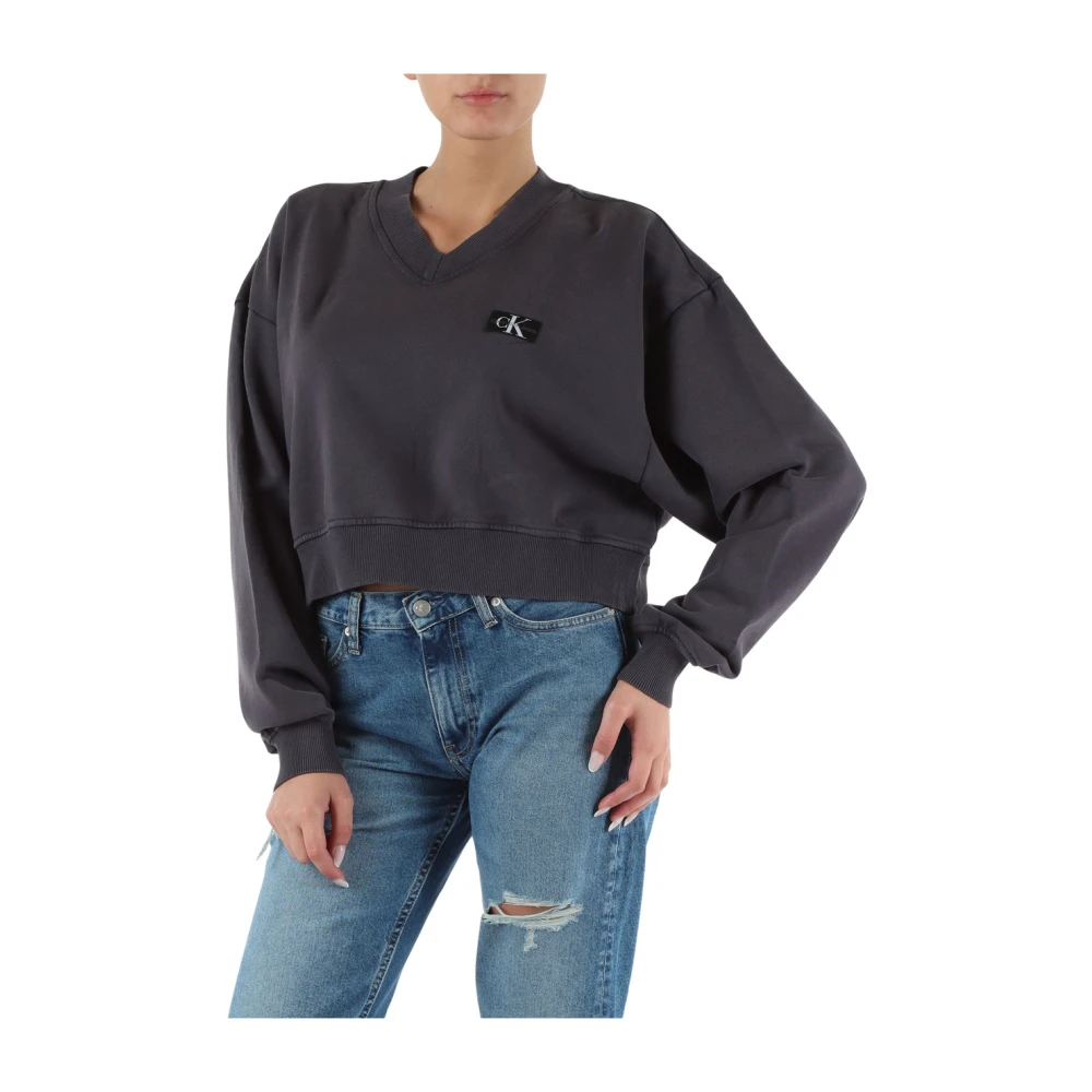 Calvin Klein Jeans Katoenen V-hals sweatshirt met logopatch Gray Dames