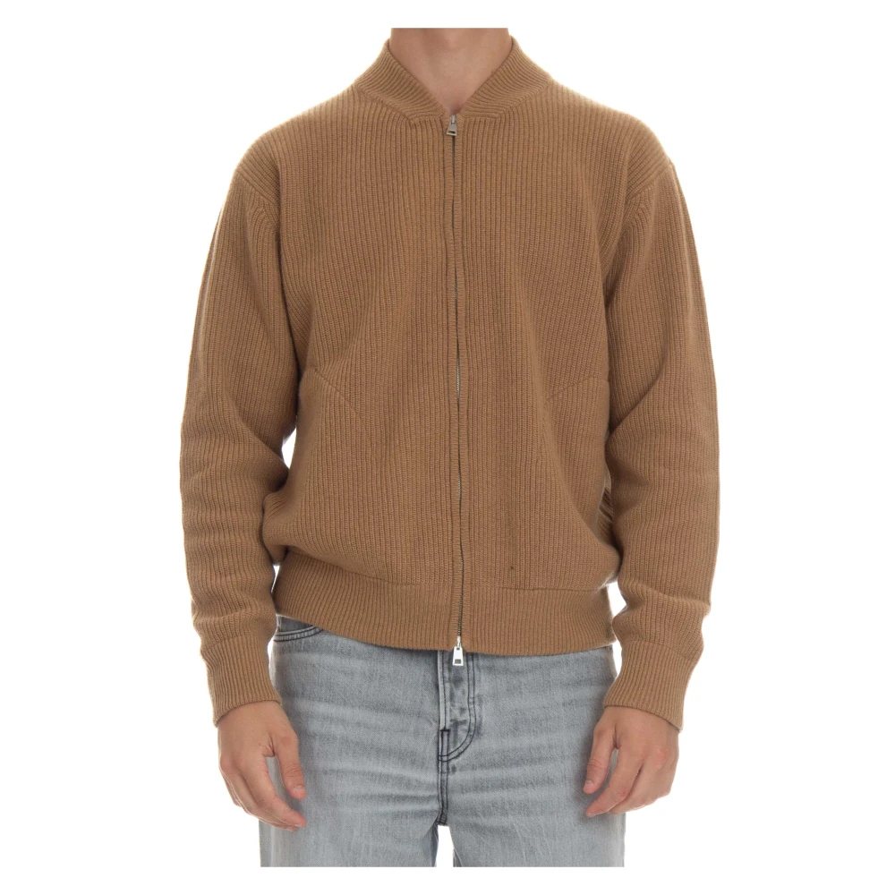 Roberto Collina Men's Brown Camel Jumper Baseball Collar Full Zip - Cardigans - L - Knitwear