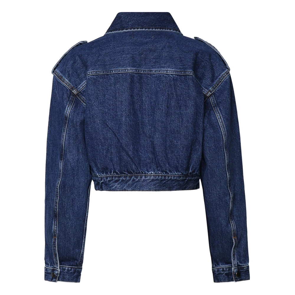 Self Portrait Denim Cropped Jas met Shirtkraag Blue Dames