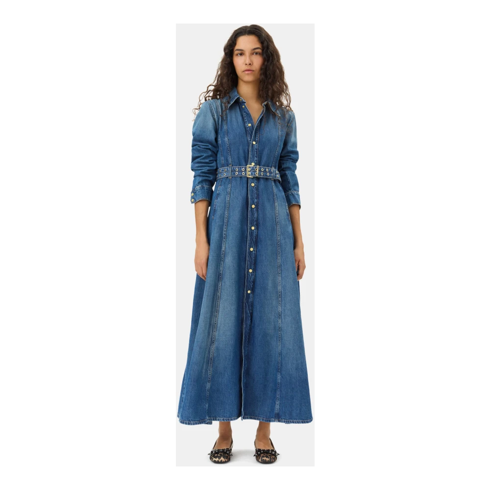 Ganni Blauwe Denim Maxi Jurk met Kraag Blue Dames