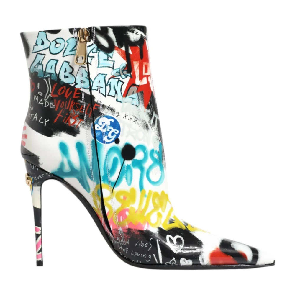 Dolce & Gabbana Women's Multicolor Heeled Boots, 2 Uk, Graffiti Print Leather Mid Calf Boots