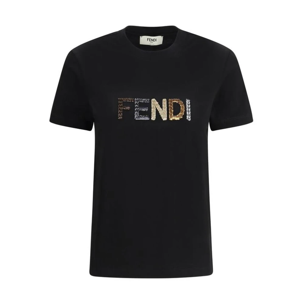 Fendi Monogram Embellished Cotton T-Shirt Black Dames