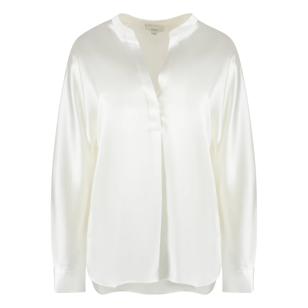 Vince Women's White Blouses, S, Silk Satin Band-Collar Blouse