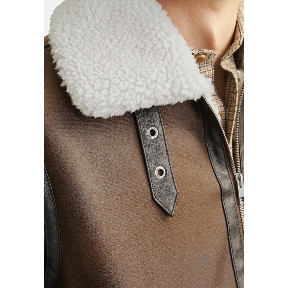 jack & jones Aviator Leren Jas met Teddy Fleece Brown Heren