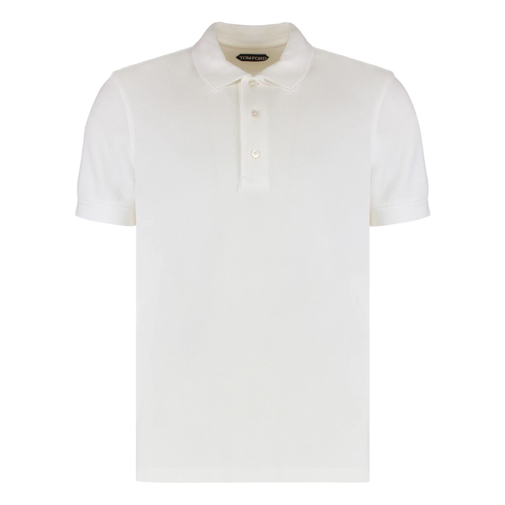 Tom Ford Men's White Polo Shirts, 2XL, Piqué Polo Shirt With Ribbed Edges