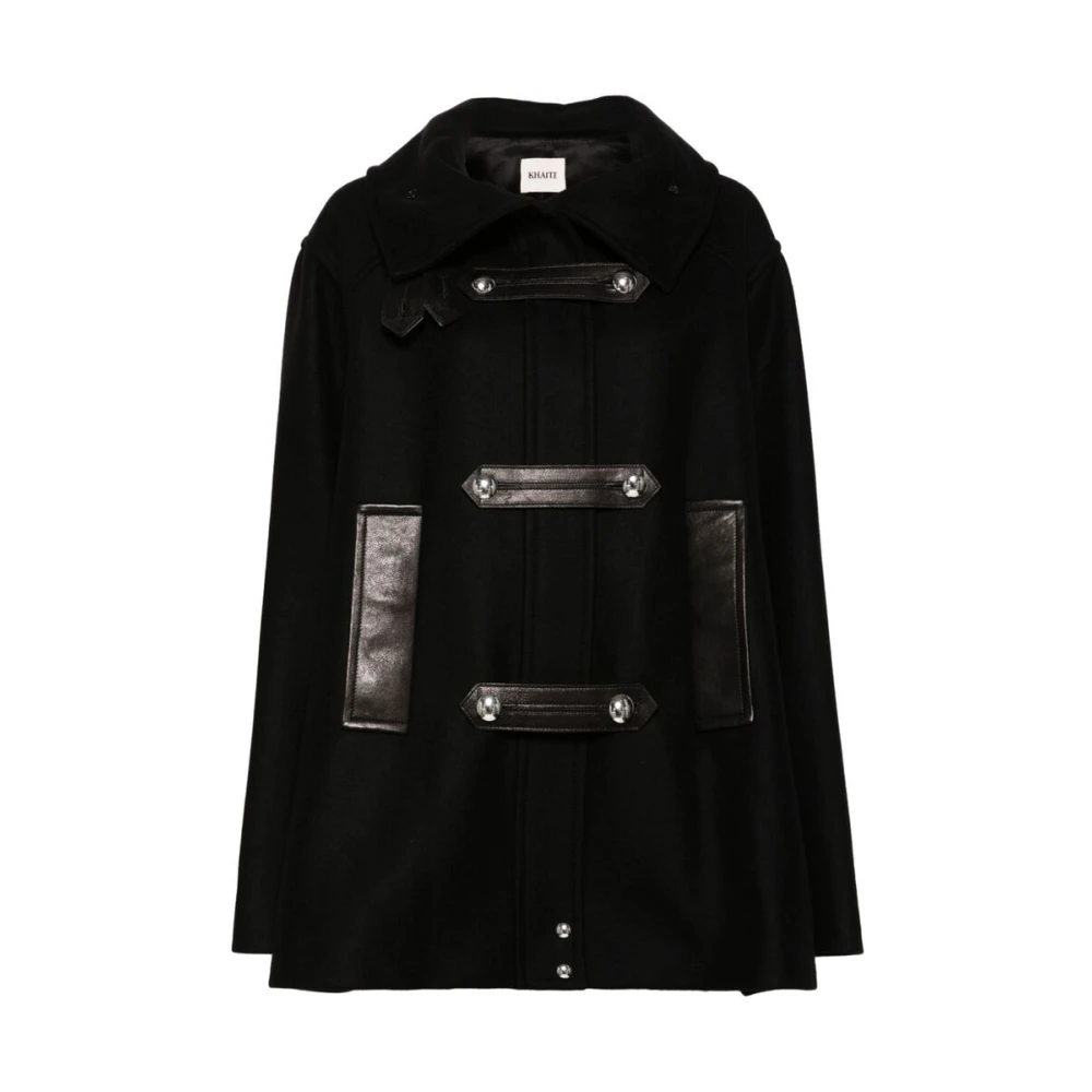Khaite Zwarte Wollen Blend Leren Trim Jas Black Dames