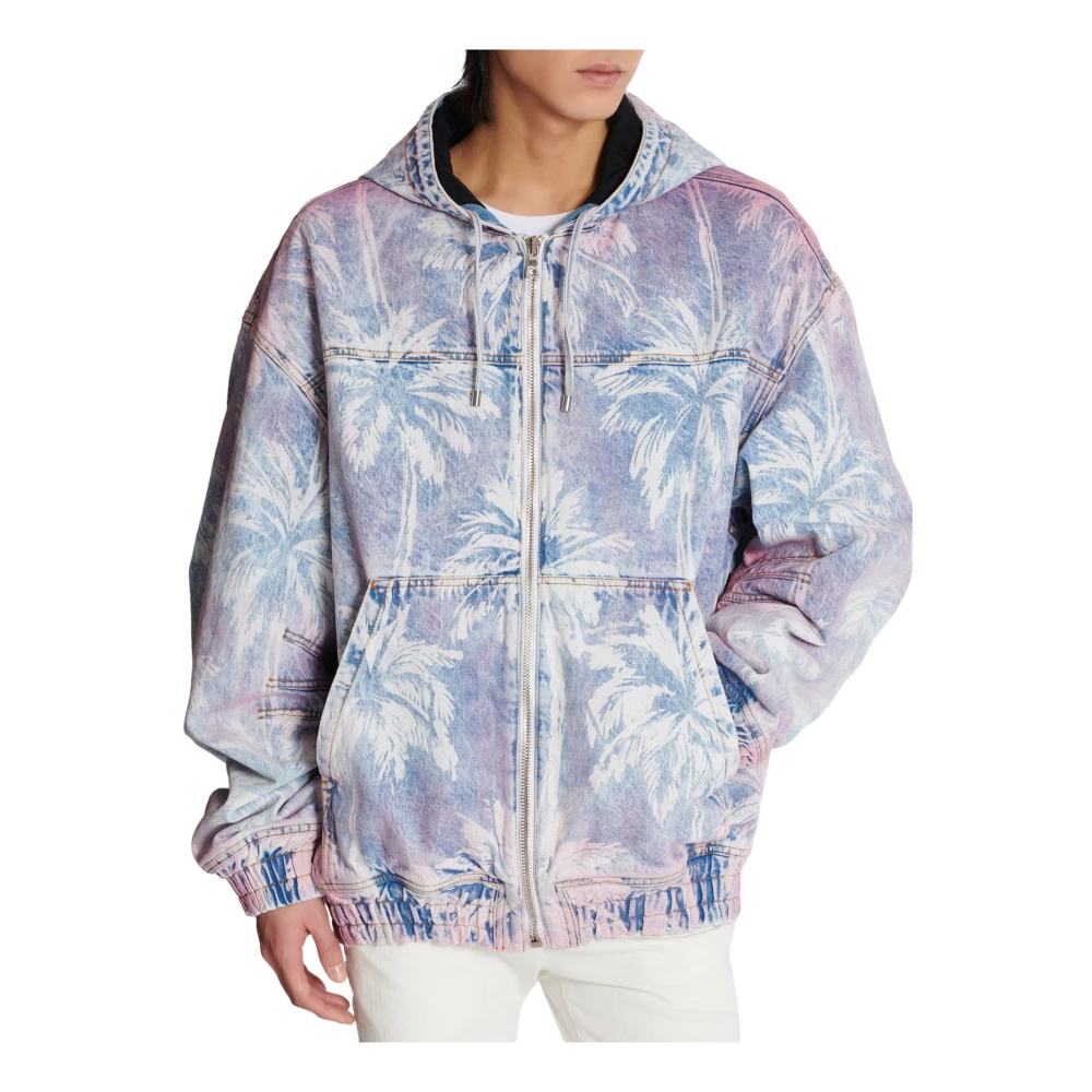 Balmain Denim Hooded Bomber Jacket met Palmboomprint Multicolor Heren