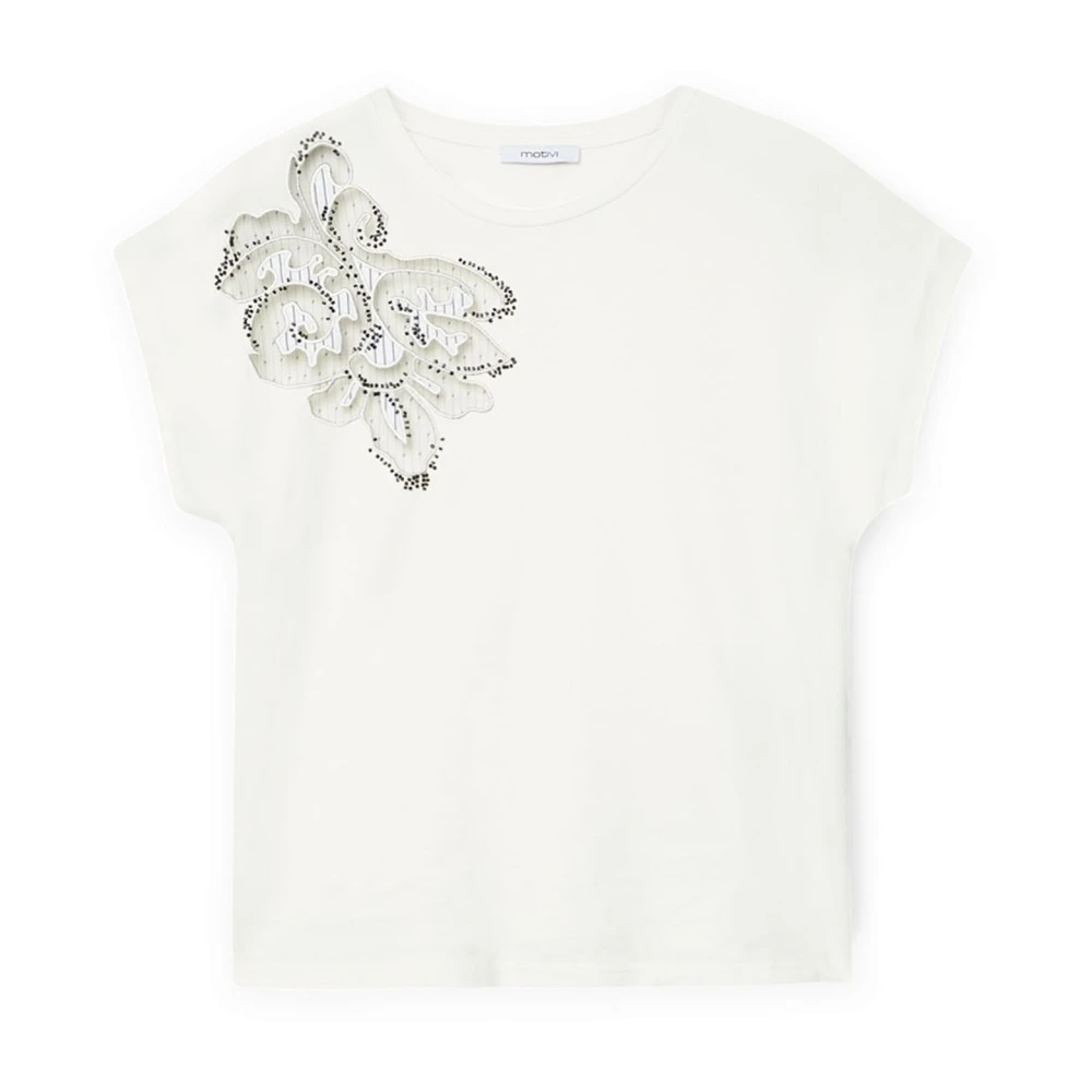 Motivi Kimono T-shirt met tule borduurwerk White Dames