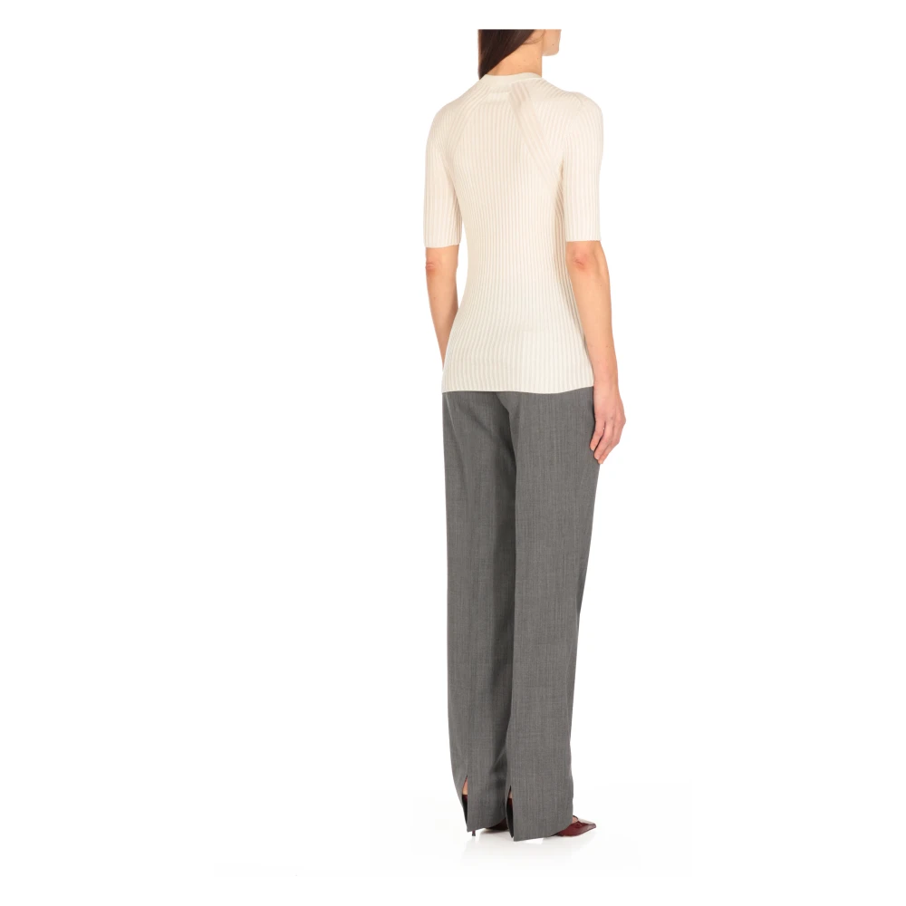 Jil Sander Zijden Geribbeld T-shirt Ivoor Beige Dames