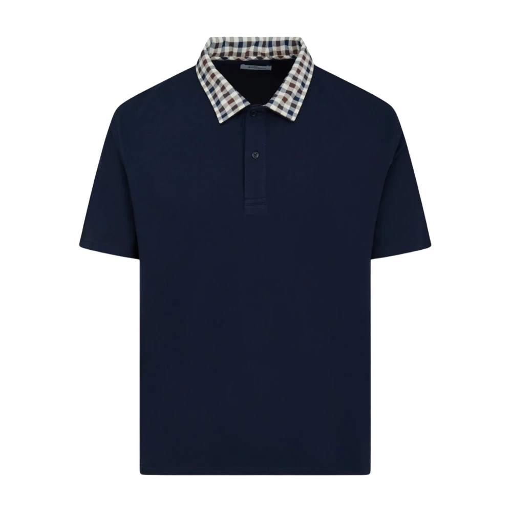 Aquascutum Men's Blue Polo Shirts, L, Club Check Collar Polo