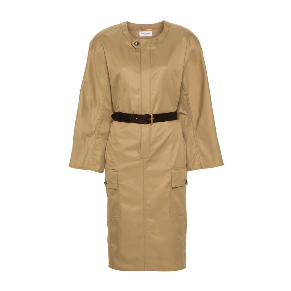 Saint Laurent Katoenen Twill Jurk met Leren Riem Beige Dames