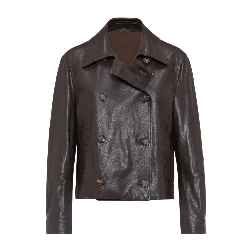 BRUNELLO CUCINELLI Donkerbruine Dubbelborst Leren Jas Brown Dames