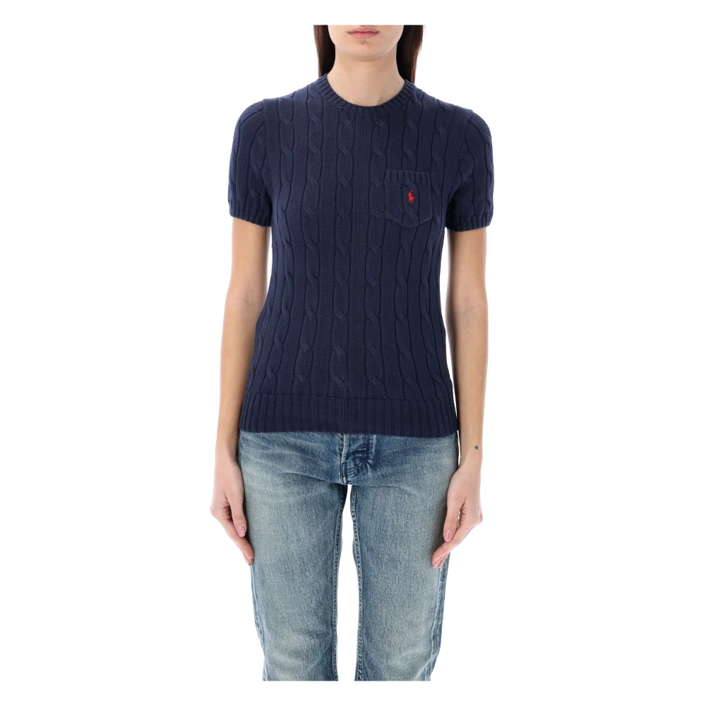 Polo Ralph Lauren Katoenen kabelgebreide T-shirt met korte mouwen Blue Dames