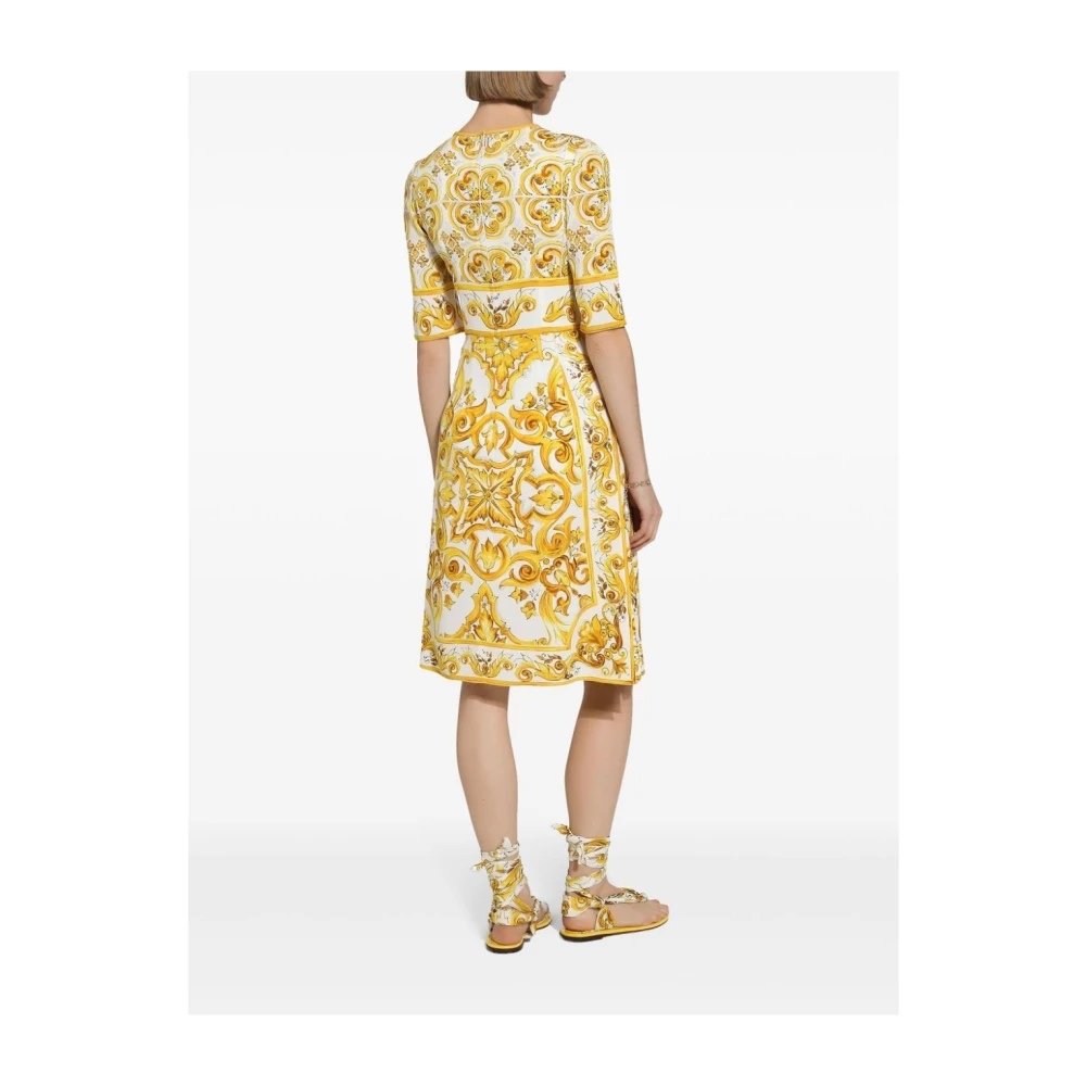 Dolce & Gabbana Majolica-print Charmeuse Midi Jurk Yellow Dames
